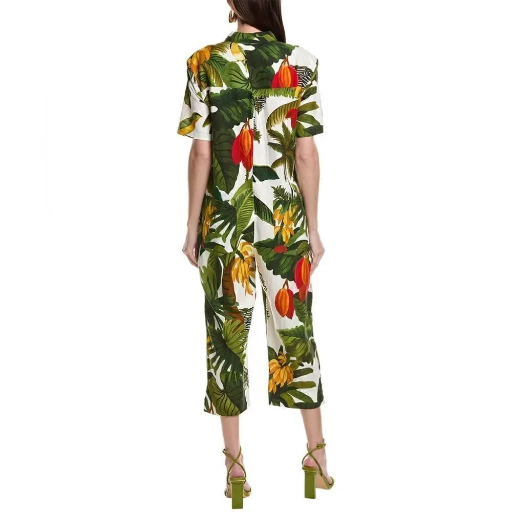 Farm Rio White Cocoa Forest Green Jumpsuit Short Sleeves Size XS